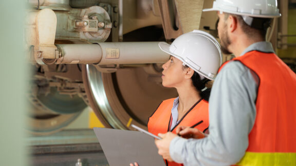 Male and female engineers work together in an electric repair station. Inspecting the undercarriage of electric train that are being repaired at the garage.